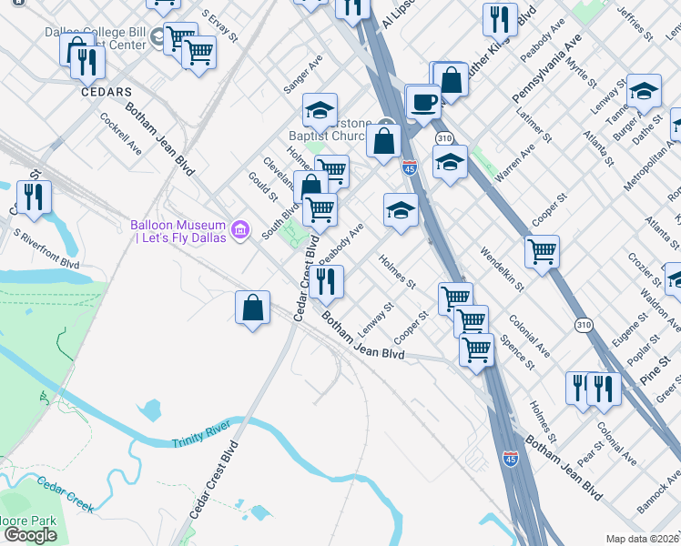 map of restaurants, bars, coffee shops, grocery stores, and more near 1314 Peabody Avenue in Dallas