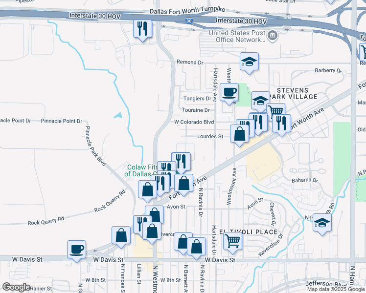 map of restaurants, bars, coffee shops, grocery stores, and more near 1251 Moulin Rouge Drive in Dallas