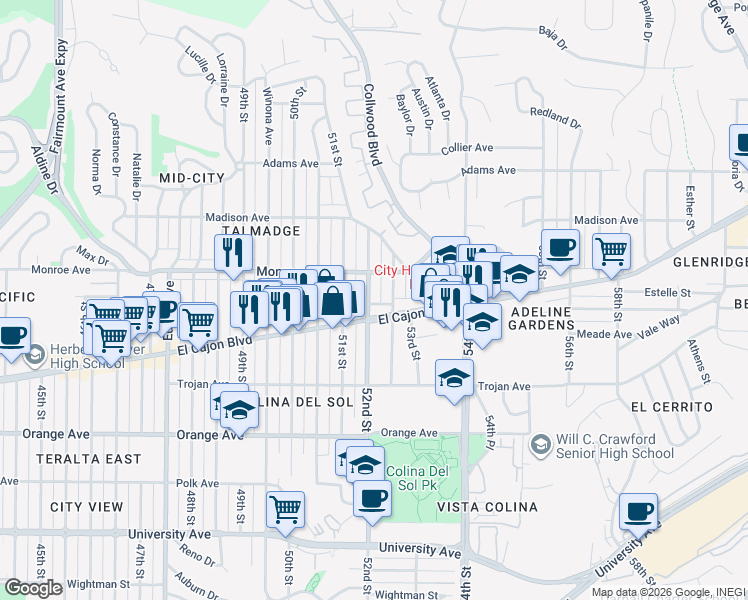 map of restaurants, bars, coffee shops, grocery stores, and more near 4462 52nd Street in San Diego