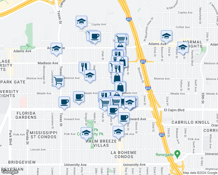 map of restaurants, bars, coffee shops, grocery stores, and more near 4432 Kansas Street in San Diego