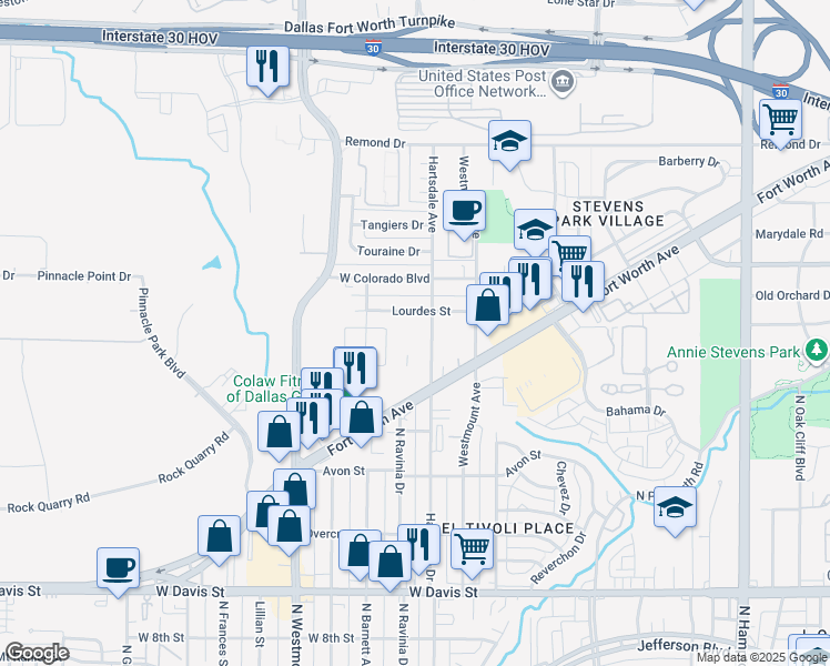 map of restaurants, bars, coffee shops, grocery stores, and more near 2926 Lourdes Street in Dallas