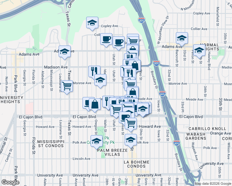 map of restaurants, bars, coffee shops, grocery stores, and more near 4435 Utah Street in San Diego