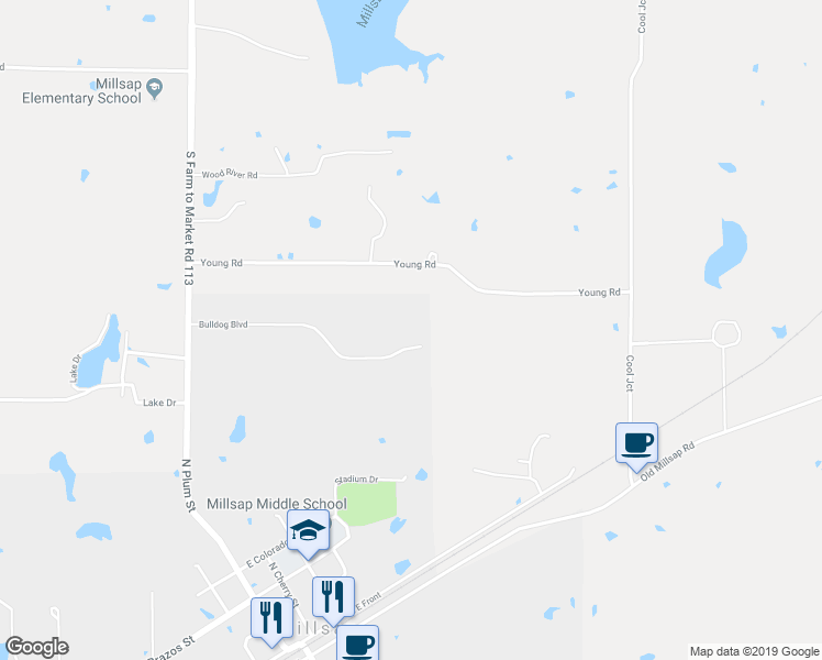 map of restaurants, bars, coffee shops, grocery stores, and more near 201 Bulldog Boulevard in Millsap
