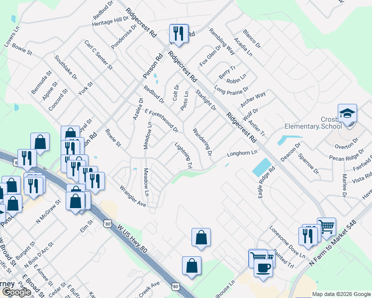 map of restaurants, bars, coffee shops, grocery stores, and more near 125 Redbud Drive in Forney
