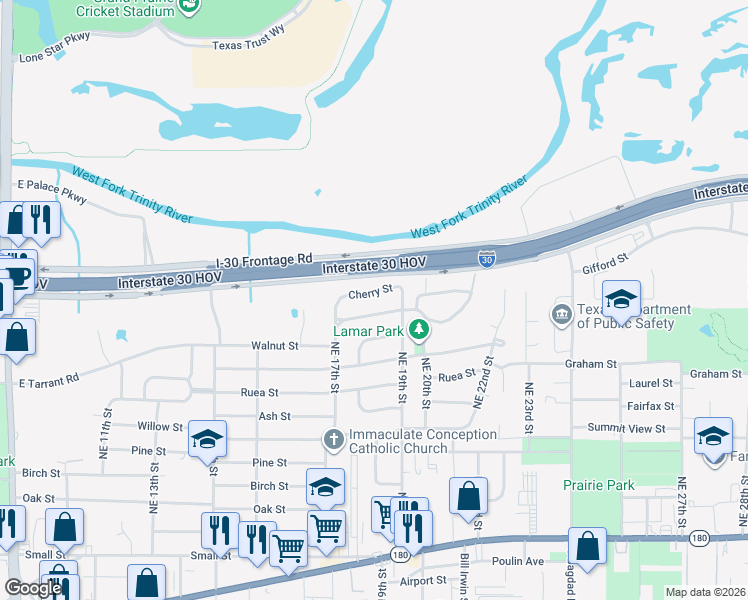 map of restaurants, bars, coffee shops, grocery stores, and more near 1734 Cherry Street in Grand Prairie