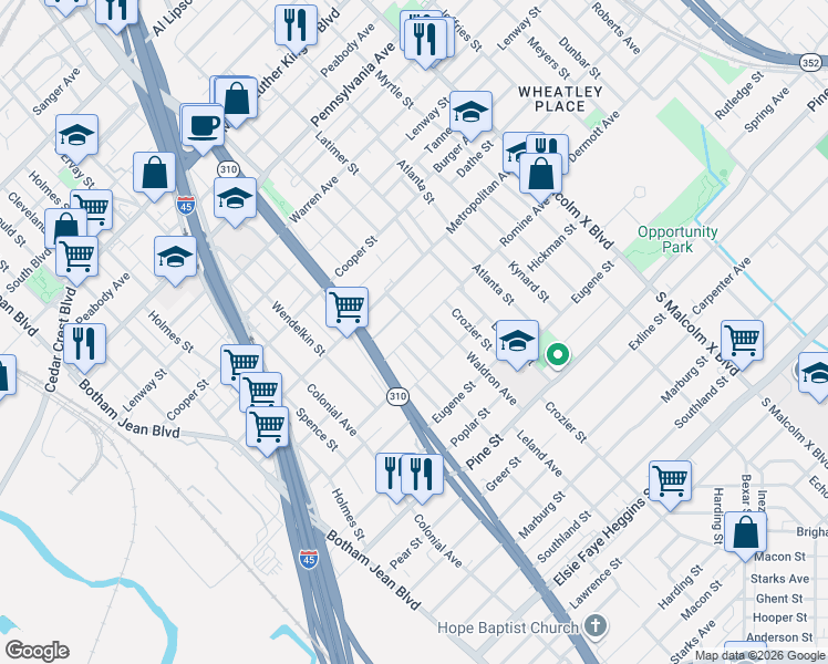 map of restaurants, bars, coffee shops, grocery stores, and more near Romine Avenue in Dallas
