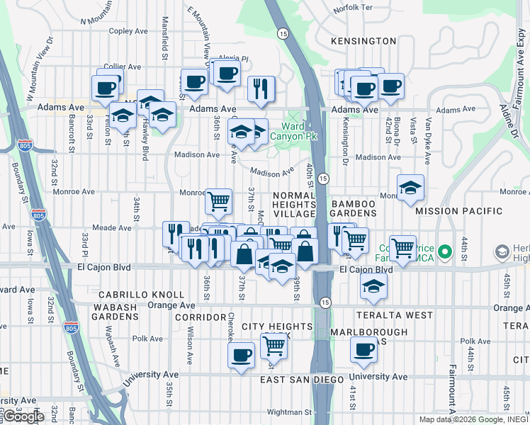 map of restaurants, bars, coffee shops, grocery stores, and more near 4481 McClintock Street in San Diego