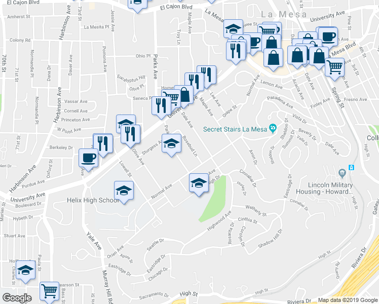 map of restaurants, bars, coffee shops, grocery stores, and more near 4406 Rosebud Lane in La Mesa
