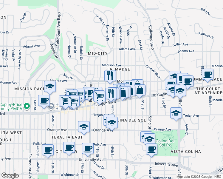 map of restaurants, bars, coffee shops, grocery stores, and more near 4493 49th Street in San Diego