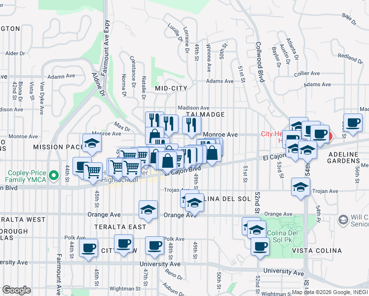 map of restaurants, bars, coffee shops, grocery stores, and more near 4488 Estrella Avenue in San Diego