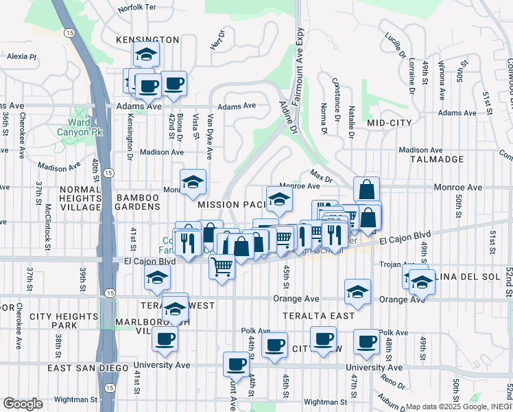 map of restaurants, bars, coffee shops, grocery stores, and more near 4466 Highland Avenue in San Diego