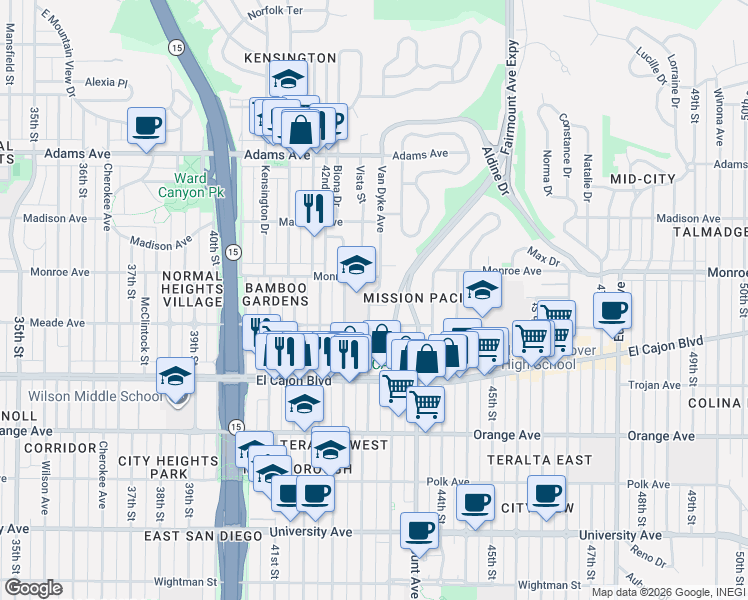map of restaurants, bars, coffee shops, grocery stores, and more near 4489 Van Dyke Avenue in San Diego