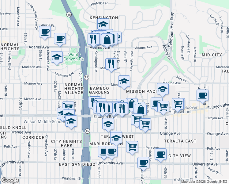 map of restaurants, bars, coffee shops, grocery stores, and more near 4477 42nd Street in San Diego