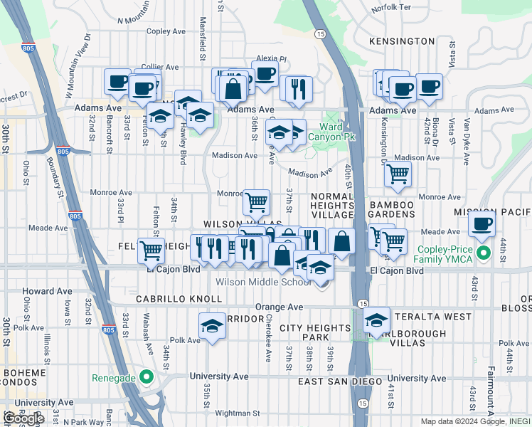 map of restaurants, bars, coffee shops, grocery stores, and more near 4469 Cherokee Avenue in San Diego