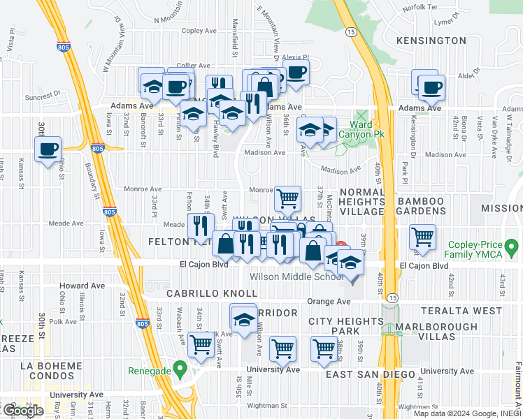 map of restaurants, bars, coffee shops, grocery stores, and more near 3535 Monroe Avenue in San Diego