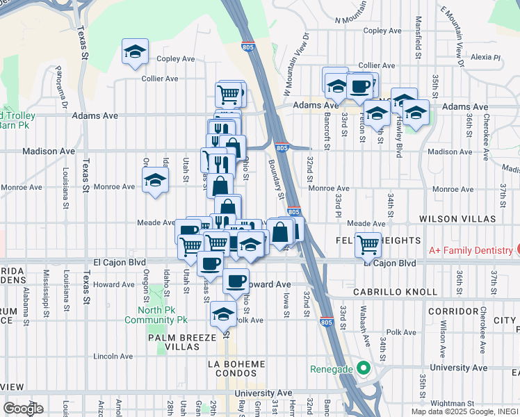 map of restaurants, bars, coffee shops, grocery stores, and more near 4457 Illinois Street in San Diego