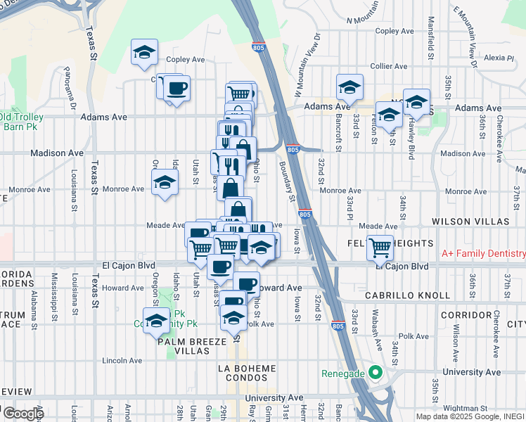 map of restaurants, bars, coffee shops, grocery stores, and more near 4459 Ohio Street in San Diego