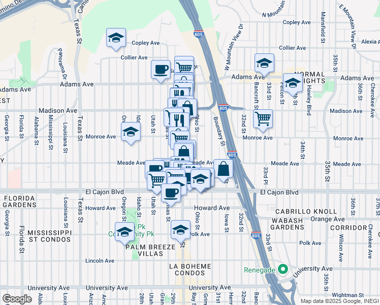 map of restaurants, bars, coffee shops, grocery stores, and more near 4459 Ohio Street in San Diego