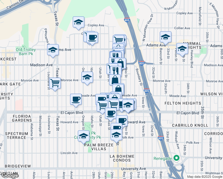 map of restaurants, bars, coffee shops, grocery stores, and more near 4464 30th Street in San Diego