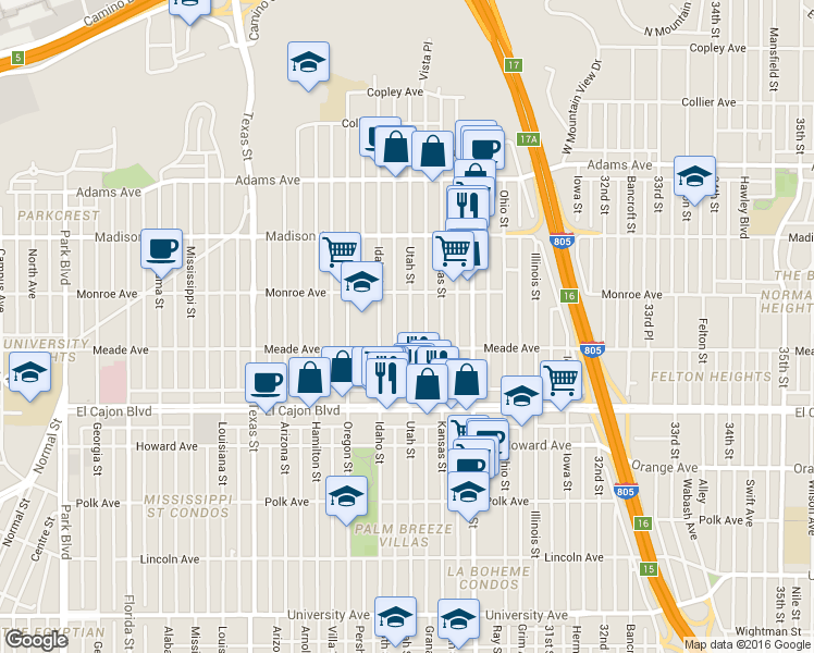 map of restaurants, bars, coffee shops, grocery stores, and more near 4465 Idaho Street in San Diego