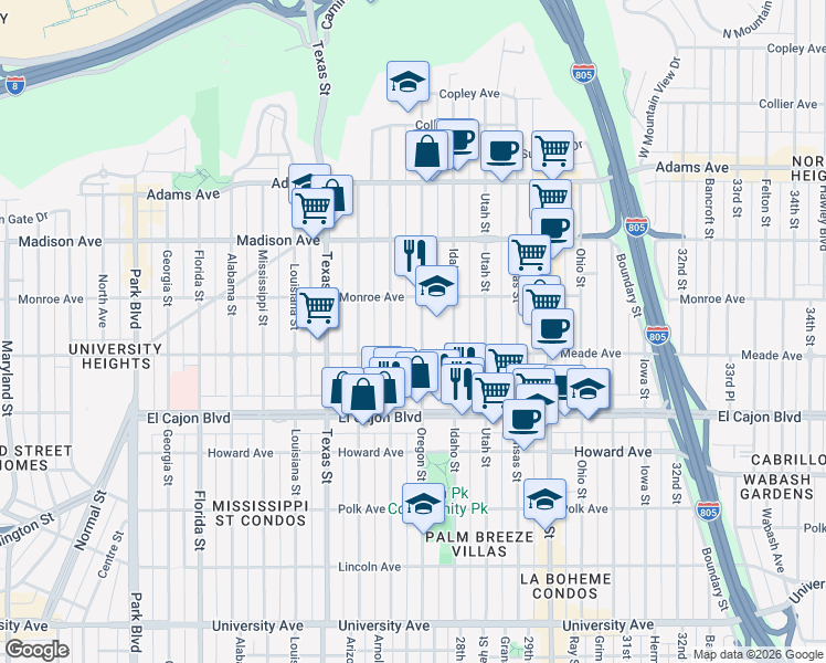 map of restaurants, bars, coffee shops, grocery stores, and more near 4464 1/2 Oregon Street in San Diego