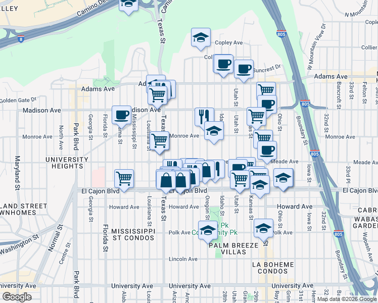 map of restaurants, bars, coffee shops, grocery stores, and more near 4472 Hamilton Street in San Diego