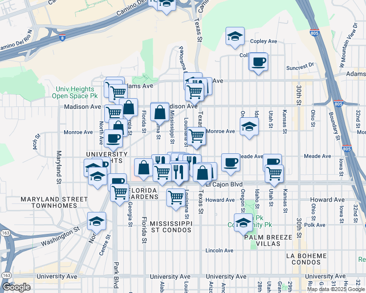map of restaurants, bars, coffee shops, grocery stores, and more near 4465 Mississippi Street in San Diego