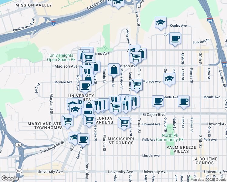 map of restaurants, bars, coffee shops, grocery stores, and more near 4468 Alabama Street in San Diego
