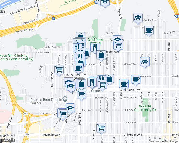 map of restaurants, bars, coffee shops, grocery stores, and more near 4456 Florida Street in San Diego