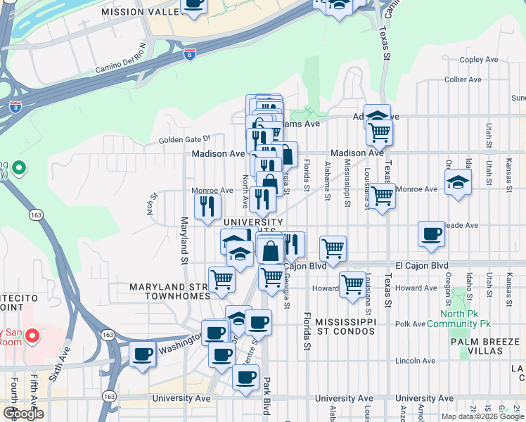 map of restaurants, bars, coffee shops, grocery stores, and more near 4469 North Avenue in San Diego