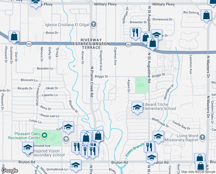 map of restaurants, bars, coffee shops, grocery stores, and more near 9303 Sandyhook Circle in Dallas