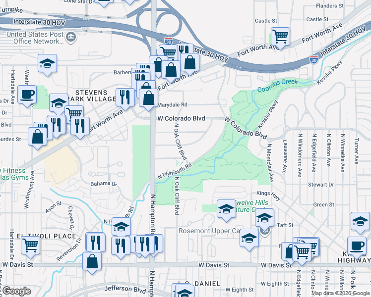 map of restaurants, bars, coffee shops, grocery stores, and more near 1925 Mayflower Drive in Dallas