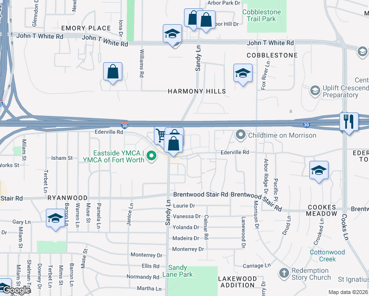 map of restaurants, bars, coffee shops, grocery stores, and more near 7425 Ederville Road in Fort Worth
