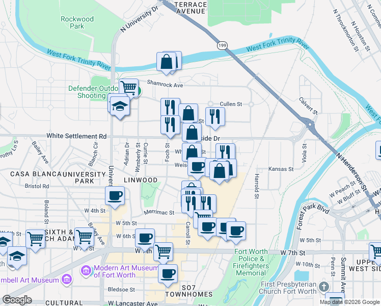 map of restaurants, bars, coffee shops, grocery stores, and more near 109 Carroll Street in Fort Worth