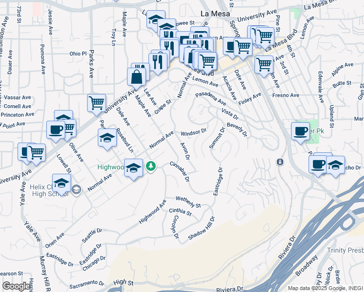 map of restaurants, bars, coffee shops, grocery stores, and more near 4344 Avon Drive in La Mesa