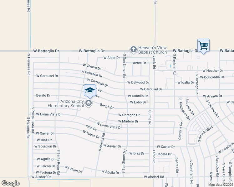 map of restaurants, bars, coffee shops, grocery stores, and more near 11679 West Carousel Drive in Arizona City