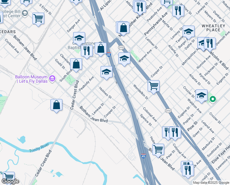 map of restaurants, bars, coffee shops, grocery stores, and more near 3413 Spence Street in Dallas