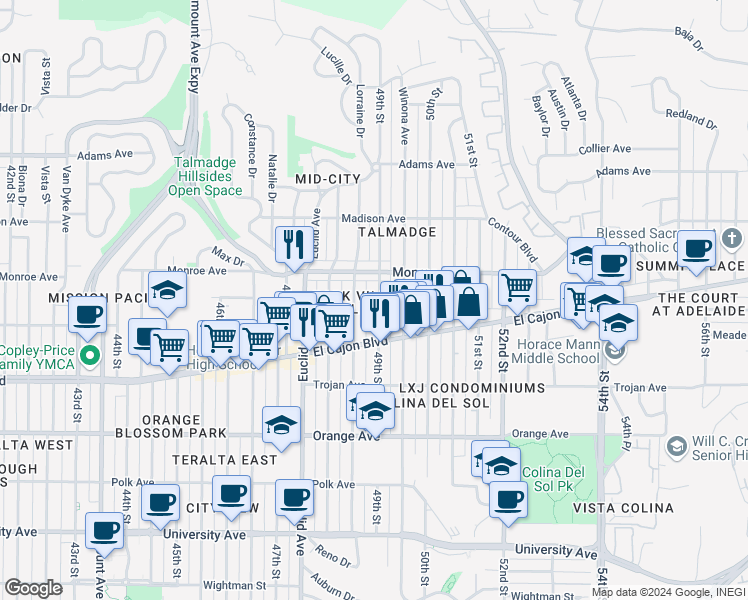 map of restaurants, bars, coffee shops, grocery stores, and more near 4460 49th Street in San Diego