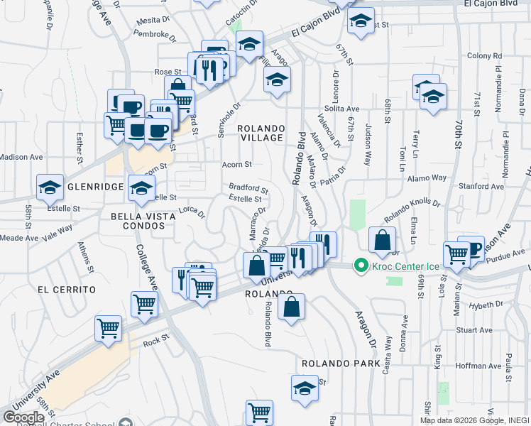 map of restaurants, bars, coffee shops, grocery stores, and more near 4421 Marraco Drive in San Diego