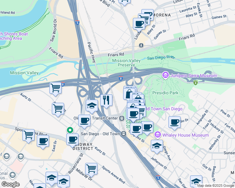 map of restaurants, bars, coffee shops, grocery stores, and more near 4050 Taylor Street in San Diego