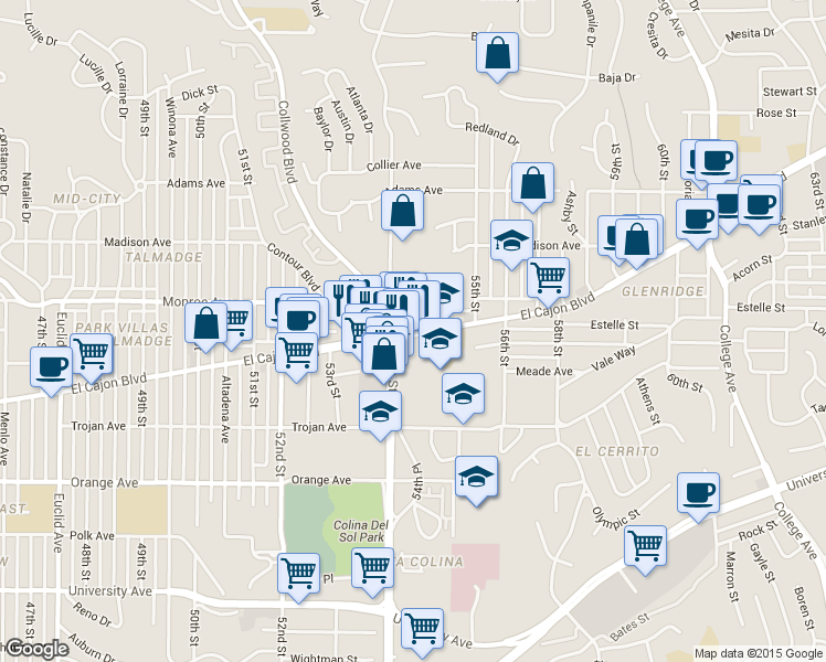 map of restaurants, bars, coffee shops, grocery stores, and more near El Cajon Blvd & Berting St in San Diego