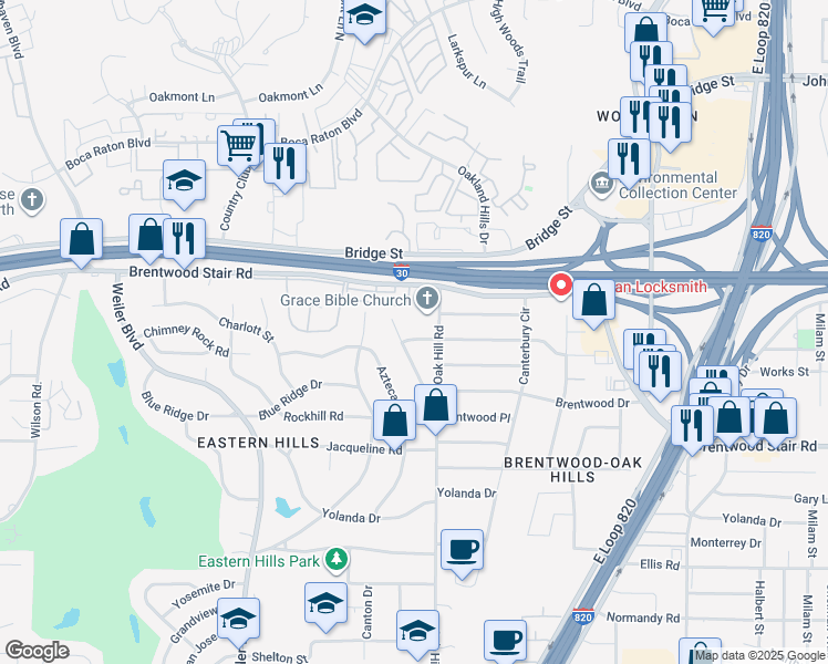 map of restaurants, bars, coffee shops, grocery stores, and more near 6105 Ravenswood Drive in Fort Worth