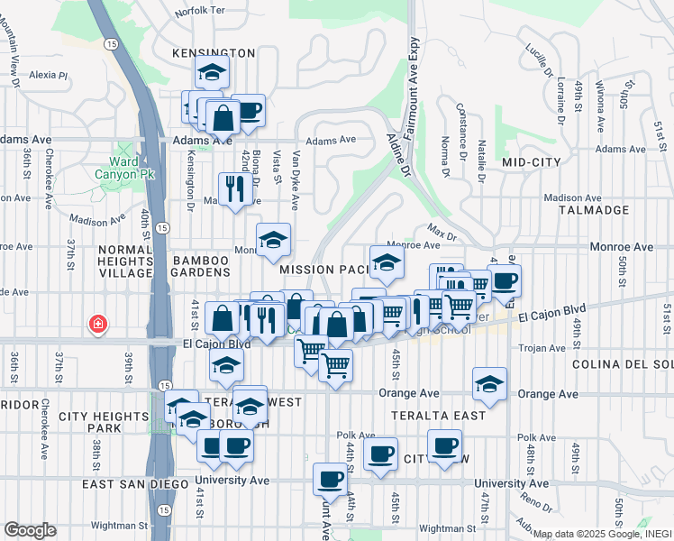 map of restaurants, bars, coffee shops, grocery stores, and more near 4424 44th Street in San Diego