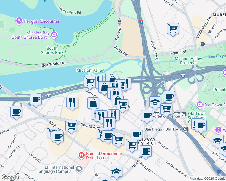 map of restaurants, bars, coffee shops, grocery stores, and more near 3650 Hancock Street in San Diego
