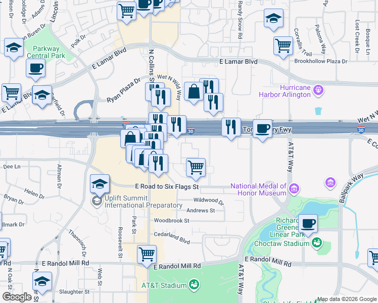 map of restaurants, bars, coffee shops, grocery stores, and more near 1516 Arbor Town Circle in Arlington