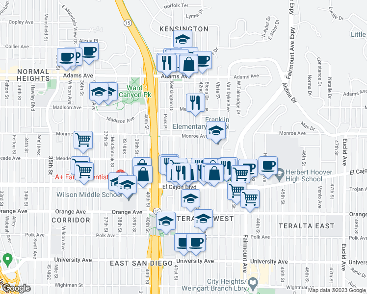 map of restaurants, bars, coffee shops, grocery stores, and more near 4450 Marlborough Avenue in San Diego
