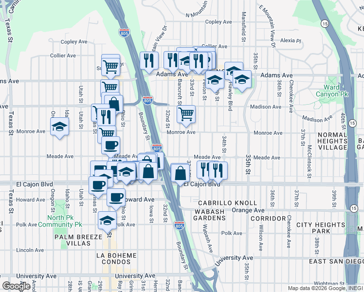 map of restaurants, bars, coffee shops, grocery stores, and more near 4459 32nd Street in San Diego
