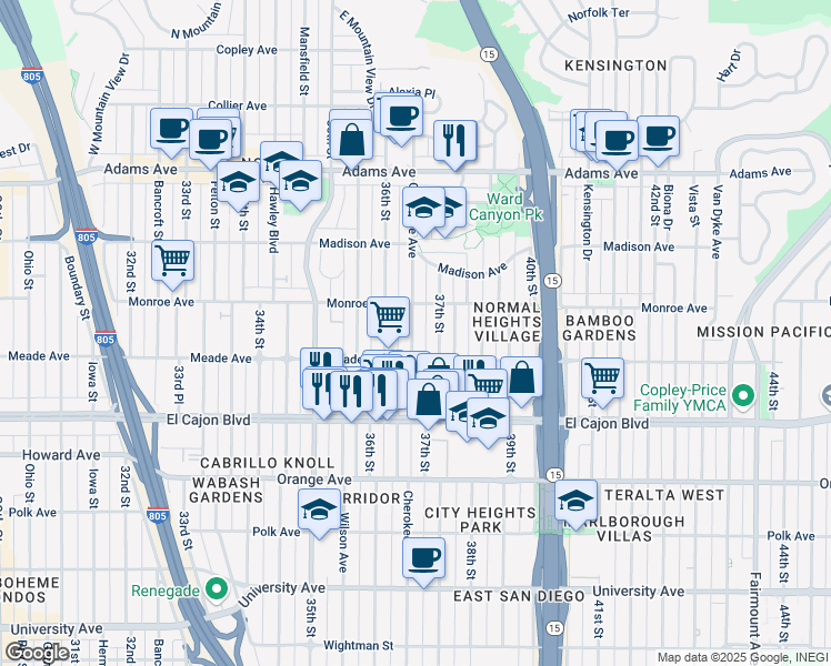 map of restaurants, bars, coffee shops, grocery stores, and more near 4469 Cherokee Avenue in San Diego