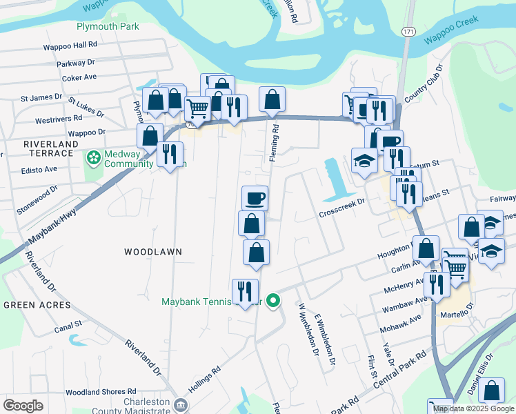 map of restaurants, bars, coffee shops, grocery stores, and more near 333 Fleming Road in Charleston