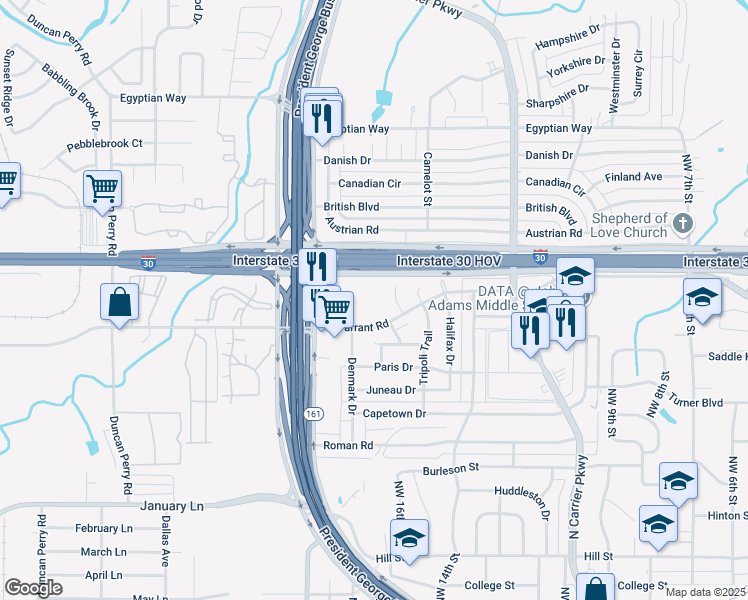 map of restaurants, bars, coffee shops, grocery stores, and more near 1750 West Tarrant Road in Grand Prairie